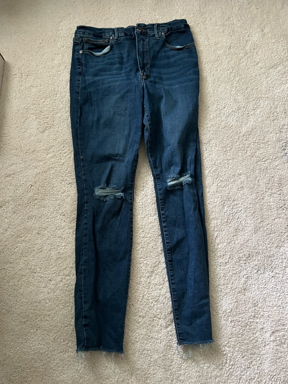Good American Dark Blue High-Rise Skinny Jeans with Knee Distress Size 10/30